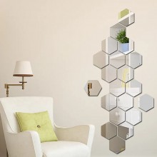 Set 12 Oglinzi Acrilice Autoadezive Decorative SIKS De Perete, 3D, Forma Oglinda Hexagon, Diametru 20 cm, Argintiu
