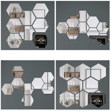 Set 12 Oglinzi Acrilice Autoadezive Decorative SIKS De Perete, 3D, Forma Oglinda Hexagon, Diametru 20 cm, Argintiu