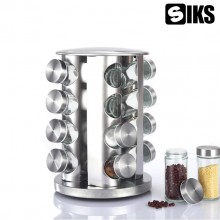 Set 16 Recipiente SIKS Din Sticla Pentru Condimente, Cu Suport Metalic Rotativ, Inox