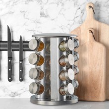 Set 16 Recipiente SIKS Din Sticla Pentru Condimente, Cu Suport Metalic Rotativ, Inox