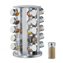 Set 16 Recipiente SIKS Din Sticla Pentru Condimente, Cu Suport Metalic Rotativ, Inox