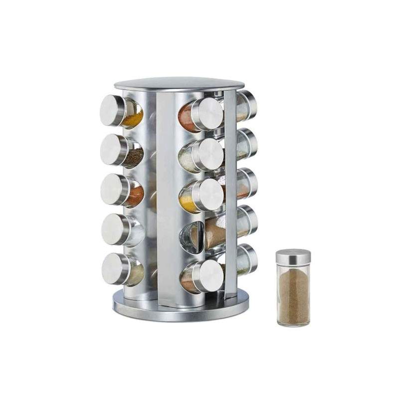 Set 16 Recipiente SIKS Din Sticla Pentru Condimente, Cu Suport Metalic Rotativ, Inox