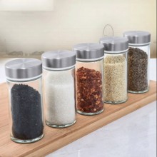 Set 16 Recipiente SIKS Din Sticla Pentru Condimente, Cu Suport Metalic Rotativ, Inox