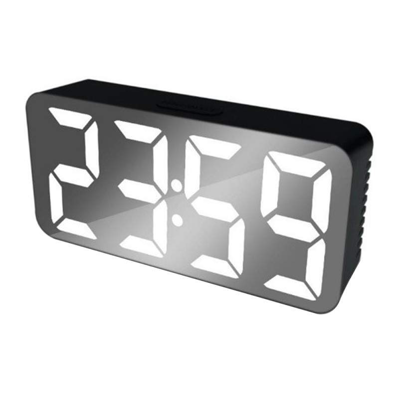 Ceas Digital Negru de Masa SIKS cu Efect de Oglinda, Alarma si Termometru, cu LED Alb
