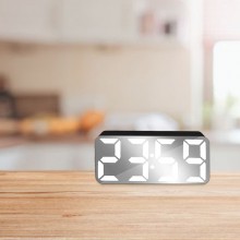Ceas Digital Negru de Masa SIKS cu Efect de Oglinda, Alarma si Termometru, cu LED Alb