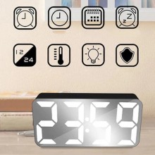 Ceas Digital Negru de Masa SIKS cu Efect de Oglinda, Alarma si Termometru, cu LED Alb