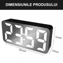 Ceas Digital Negru de Masa SIKS cu Efect de Oglinda, Alarma si Termometru, cu LED Alb