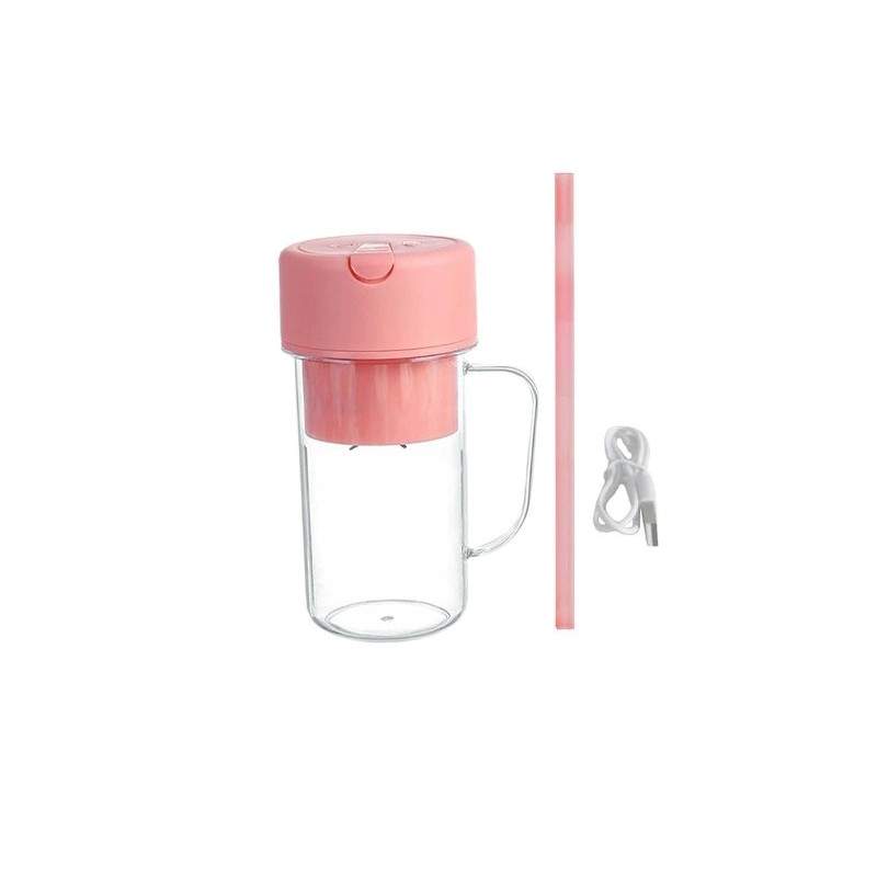 Blender Portabil SIKS Tip Cana Cu Incarcare USB, 6 Lame, Capacitate 420 ml, Cu Pai Din Silicon, Roz