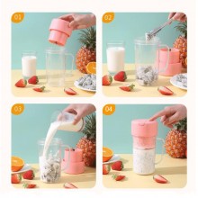 Blender Portabil SIKS Tip Cana Cu Incarcare USB, 6 Lame, Capacitate 420 ml, Cu Pai Din Silicon, Roz