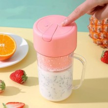 Blender Portabil SIKS Tip Cana Cu Incarcare USB, 6 Lame, Capacitate 420 ml, Cu Pai Din Silicon, Roz