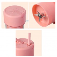 Blender Portabil SIKS Tip Cana Cu Incarcare USB, 6 Lame, Capacitate 420 ml, Cu Pai Din Silicon, Roz