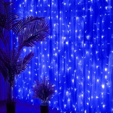 Plasa cu Lumini EDAR Tip Instalatie de Craciun, Lungime 3 m x Inaltime 3 m, Albastra, Fir Alb, 8 Moduri de Iluminare, Interco...