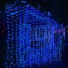 Plasa cu Lumini EDAR Tip Instalatie de Craciun, Lungime 3 m x Inaltime 3 m, Albastra, Fir Alb, 8 Moduri de Iluminare, Interco...