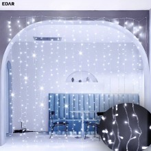 Plasa cu Lumini EDAR Tip Instalatie de Craciun, Lungime 3 m x Inaltime 3 m, Alb Rece, Fir Alb, 8 Moduri de Iluminare, Interco...