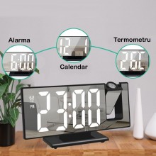 Ceas Digital SIKS De Masa Cu Proiectie Pe Perete, Efect De Oglinda, Alarma Si Termometru, Negru Cu LED Alb Ceas Digital SIKS De Masa Cu Proiectie Pe Perete, Efect De Oglinda, Alarma Si Termometru, Negru Cu LED Alb