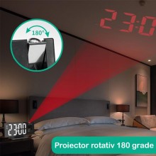 Ceas Digital SIKS De Masa Cu Proiectie Pe Perete, Efect De Oglinda, Alarma Si Termometru, Negru Cu LED Alb Ceas Digital SIKS De Masa Cu Proiectie Pe Perete, Efect De Oglinda, Alarma Si Termometru, Negru Cu LED Alb