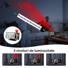 Ceas Digital SIKS De Masa Cu Proiectie Pe Perete, Efect De Oglinda, Alarma Si Termometru, Negru Cu LED Alb Ceas Digital SIKS De Masa Cu Proiectie Pe Perete, Efect De Oglinda, Alarma Si Termometru, Negru Cu LED Alb