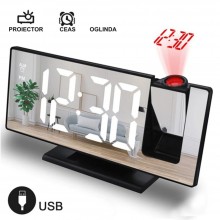 Ceas Digital SIKS De Masa Cu Proiectie Pe Perete, Efect De Oglinda, Alarma Si Termometru, Negru Cu LED Alb Ceas Digital SIKS De Masa Cu Proiectie Pe Perete, Efect De Oglinda, Alarma Si Termometru, Negru Cu LED Alb