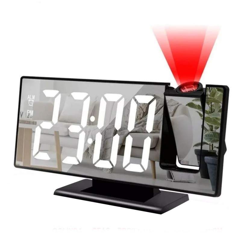 Ceas Digital SIKS De Masa Cu Proiectie Pe Perete, Efect De Oglinda, Alarma Si Termometru, Negru Cu LED Alb Ceas Digital SIKS De Masa Cu Proiectie Pe Perete, Efect De Oglinda, Alarma Si Termometru, Negru Cu LED Alb