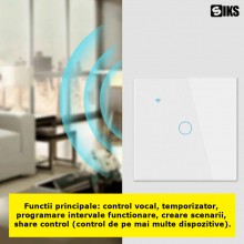Intrerupator Inteligent De Lumina Cu Touch SIKS, Wi-Fi, Fara Nul, 1 Buton Iluminat Sticla securizata, Compatibil Cu Aplicatie, T