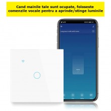 Intrerupator Inteligent De Lumina Cu Touch SIKS, Wi-Fi, Fara Nul, 1 Buton Iluminat Sticla securizata, Compatibil Cu Aplicatie, T