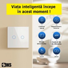 Intrerupator Inteligent De Lumina Dublu Cu Touch SIKS, Wi-Fi, 2 Butoane Iluminate, Sticla securizata, Compatibil Cu Aplicatie, T