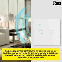 Intrerupator Inteligent De Lumina Dublu Cu Touch SIKS, Wi-Fi, 2 Butoane Iluminate, Sticla securizata, Compatibil Cu Aplicatie, T