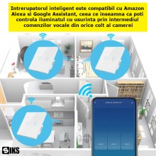 Intrerupator Inteligent De Lumina Dublu Cu Touch SIKS, Wi-Fi, 2 Butoane Iluminate, Sticla securizata, Compatibil Cu Aplicatie, T