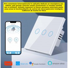 Intrerupator Inteligent De Lumina Dublu Cu Touch SIKS, Wi-Fi, 3 Butoane Iluminate, Sticla securizata, Compatibil Cu Aplicatie, T