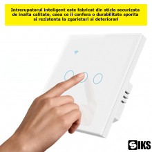 Intrerupator Inteligent De Lumina Dublu Cu Touch SIKS, Wi-Fi, 3 Butoane Iluminate, Sticla securizata, Compatibil Cu Aplicatie, T