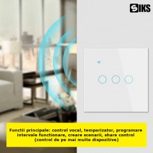 Intrerupator Inteligent De Lumina Dublu Cu Touch SIKS, Wi-Fi, 3 Butoane Iluminate, Sticla securizata, Compatibil Cu Aplicatie, T