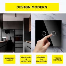 Intrerupator Lumina Dublu Cu Touch SIKS Din Sticla Securizata, De Perete, Serie 2024, Iluminare LED, Ecran Tactil, Elegant, 2...