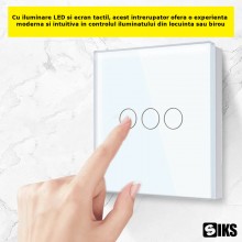 Intrerupator Lumina Triplu Cu Touch SIKS Din Sticla Securizata, De Perete, Serie 2024, Iluminare LED, Ecran Tactil, Elegant, ...