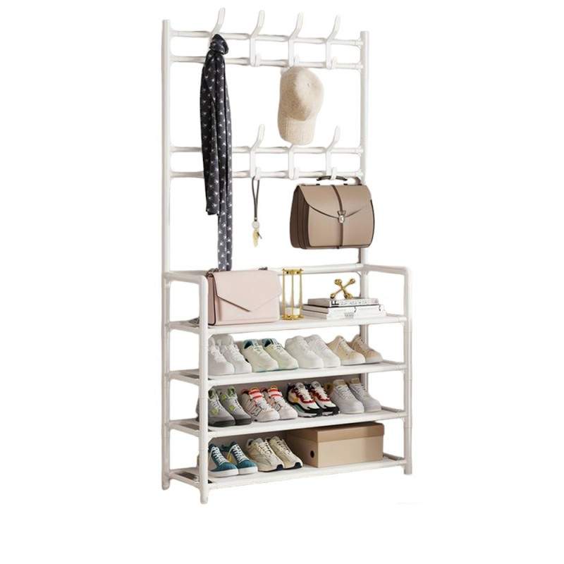 Cuier SIKS cu 4 Rafturi Pentru Incaltaminte, 8 Carlige, Metalic, Alb, 60 x 29.5 x 154 cm