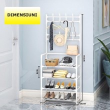 Cuier SIKS cu 4 Rafturi Pentru Incaltaminte, 8 Carlige, Metalic, Alb, 60 x 29.5 x 154 cm