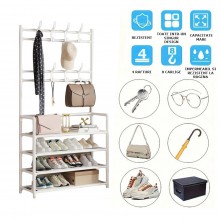 Cuier SIKS cu 4 Rafturi Pentru Incaltaminte, 8 Carlige, Metalic, Alb, 60 x 29.5 x 154 cm