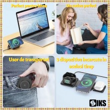Incarcator Wireless SIKS Magnetic 3 in 1, Pliabil, Universal, Incarcare Rapida 15W, Cablu USB Tip C inclus, Compatibil Cu App...