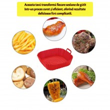 Tava De Protectie Din Silicon SIKS, Pentru Air Fryer, Universala, Pentru Friteuza, Prajit, Copt, Reutilizabila, Patrata, Rosu