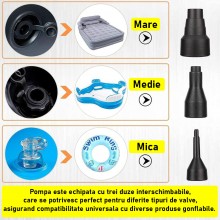 Pompa Electrica SIKS Pentru Umflat Si Dezumflat Saltele, 3 Duze, 240 V,12 V DC, Buton On / Off, Portabil, Negru, PRIZA+auto Pompa Electrica SIKS Pentru Umflat Si Dezumflat Saltele, 3 Duze, 240 V,12 V DC, Buton On / Off, Portabil, Negru, PRIZA+auto