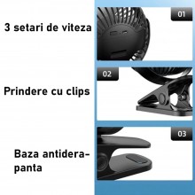 Ventilator Portabil SIKS Cu Clips, Pentru Birou / Sezlong / Carucior, Cu Acumulator Reincarcabil USB, Diametru 11 Cm, 3 Vitez...