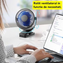 Ventilator Portabil SIKS Cu Clips, Pentru Birou / Sezlong / Carucior, Cu Acumulator Reincarcabil USB, Diametru 11 Cm, 3 Vitez...
