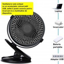 Ventilator Portabil SIKS Cu Clips, Pentru Birou / Sezlong / Carucior, Cu Acumulator Reincarcabil USB, Diametru 11 Cm, 3 Vitez...