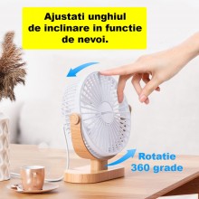 Ventilator De Masa SIKS, Birou, Cu Baza Cu Efect De Lemn, Cablu De Alimentare USB, Diametrul 16cm , Portabil, Buton De Activa...