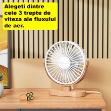 Ventilator De Masa SIKS, Birou, Cu Baza Cu Efect De Lemn, Cablu De Alimentare USB, Diametrul 16cm , Portabil, Buton De Activa...