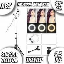 Lampa circulara EDAR® Led Ring Light Cu Trepied Si Suport Pentru Telefon, 120 LED-uri, 10 inch, Negru/Alb