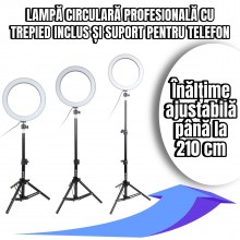 Lampa circulara EDAR® Led Ring Light Cu Trepied Si Suport Pentru Telefon, 120 LED-uri, 10 inch, Negru/Alb