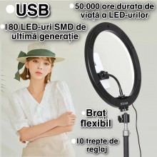 Lampa circulara EDAR® Led Ring Light Cu Trepied Si Suport Pentru Telefon, 120 LED-uri, 10 inch, Negru/Alb