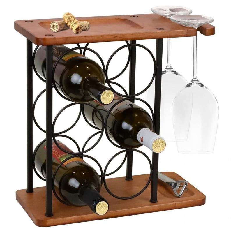 Suport SIKS Sticle De Vin Si Pahare, Din Lemn Si Otel, 6 Compartimente Sticle, Doua Spatii Depozitare Pahare, 34, 5 x 34 x 16...
