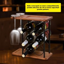 Suport SIKS Sticle De Vin Si Pahare, Din Lemn Si Otel, 6 Compartimente Sticle, Doua Spatii Depozitare Pahare, 34, 5 x 34 x 16...