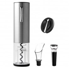 Set Tirbuson Electric SIKS Pentru Vin Cu Accesorii, Taietor Folie, Dop Vacuum, Aerator Turnare, Cablu USB, Inox/Plastic, Argi...